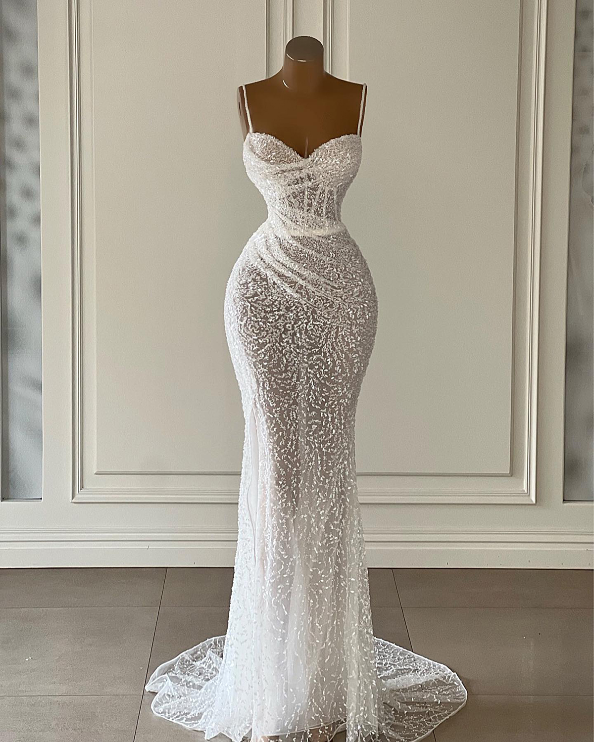 See Through Mermaid Wedding Dresses Spaghetti Straps Bridal Gowns Sequined Beading Illusion Sweep Train Robe Bride Dress Free shipping Free