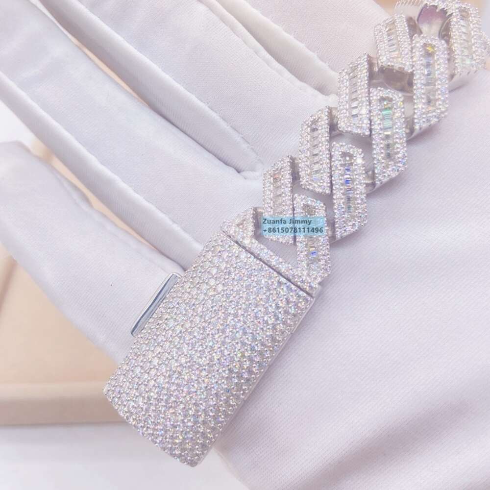Buss Down 18mm Heavier Big Guy Cuban Jewelry Solid Silver Vvs1 Baguette Moissanite Miami Cuban Chain