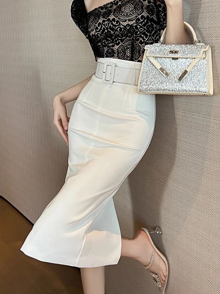 Spring Autumn Formal Women Slim Pencil Skirts Elegant Office Solid Package Hip Belt High Waist Midi Skirt Street Clothes Outfits 240110