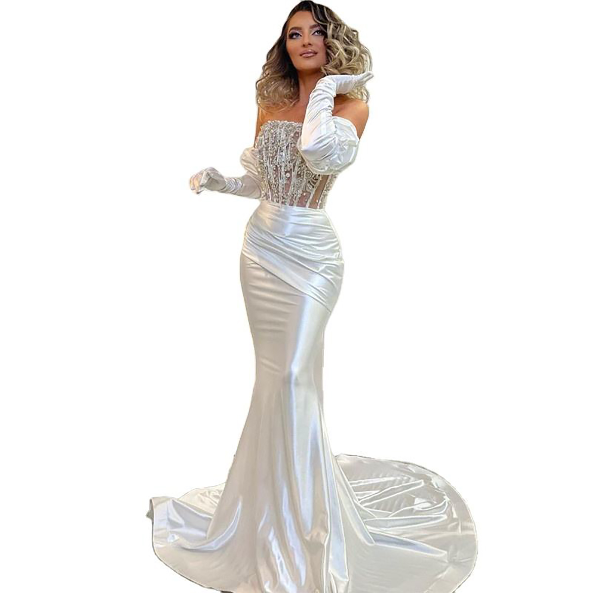 Elegant Strapless Pearl Mermaid Wedding Dresses Sequined Satin Bridal Gowns Sleeveless Beaded See Through Sweep Train Robe