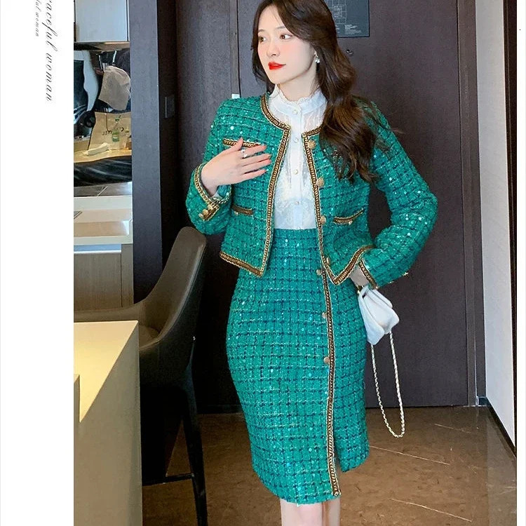 Spring Autumn Women's Green Tweed Blazer Set Office Formal Party Women Sequin Plaid Woolen Jacket and Split Midi Skirt Suit 240109CJ