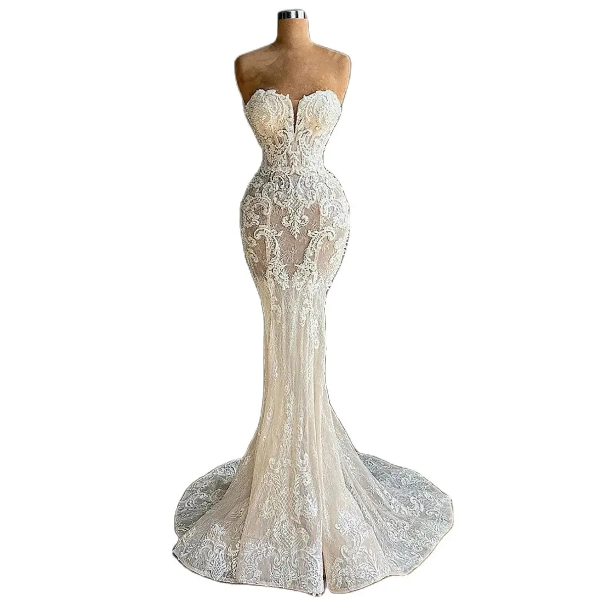 Modern Strapless Mermaid Wedding Dresses Lace Appliques Bridal Gowns Sleeveless Sweetheart Neck Backless Sweep Train Robe See Through