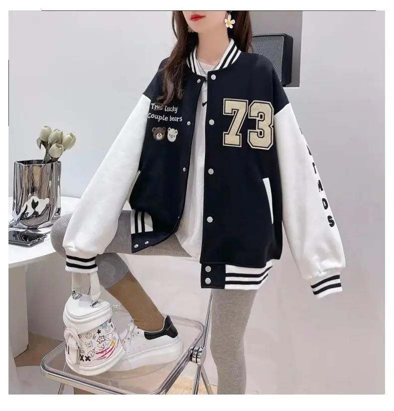 Autumn Winter Fashion Bomber Jackets for Women Streetwear Baseball Uniform Oversized Coat and Coats Loose Student 240110