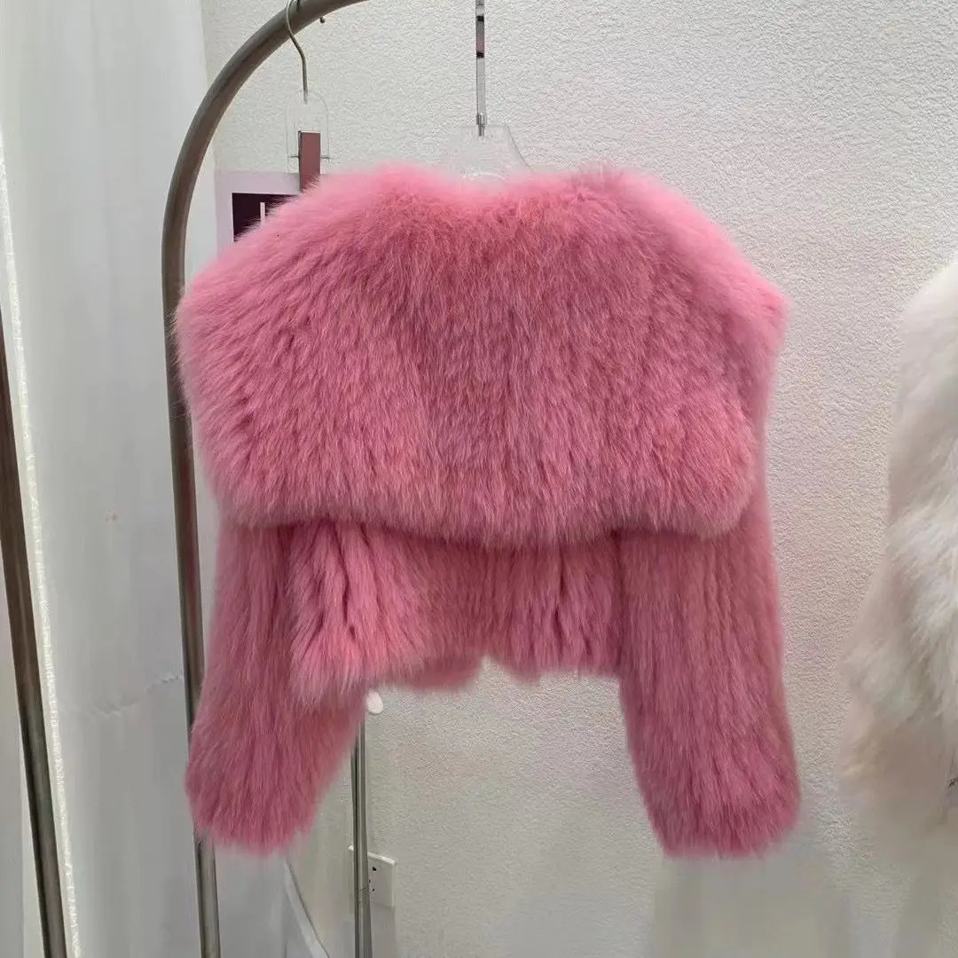 Women's Fur Coat Navy Collar Stripe Top Woven Eco Short Winter 240110