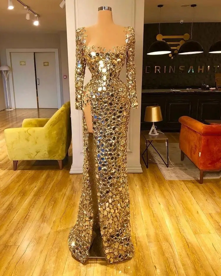 Sexy Gold Mermaid Prom Party Dresses 2024 Long Sleeve High Split Plus Size Special Ocn Gowns For Black Girl 0228Lz