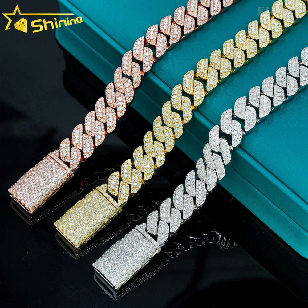 Fine Jewelry Hip Hop Gold Plated 925 Silver 12mm 15mm 18mm Vvs Moissanite Diamond Cuban Link Chain Iced Out