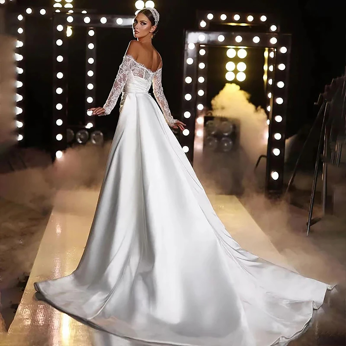 ful Off Shoulder Mermaid Wedding Dresses Detachable Bridal Gowns Long Sleeves Backless Satin Sweep Train Robe
