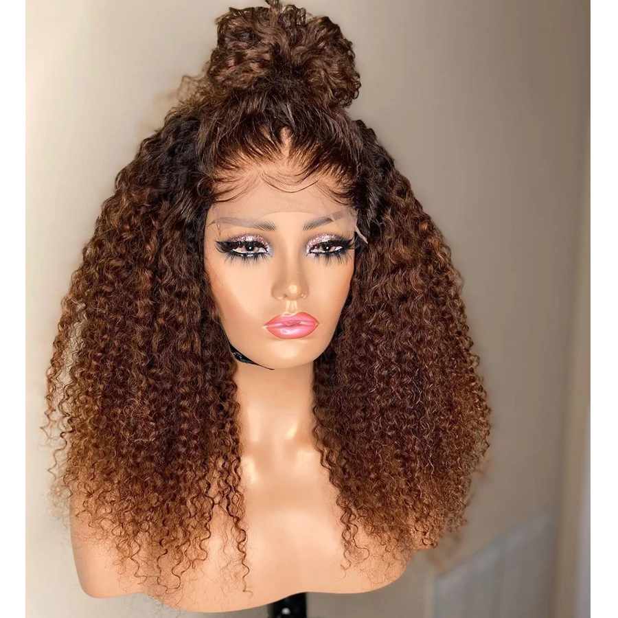 Free shipping 180density Mogolian Chocolate Brown Kinky Curly for Women Front Human Hair Glueless Deep Wave 360 HD Lace Frontal Wigs Synthetic Closure