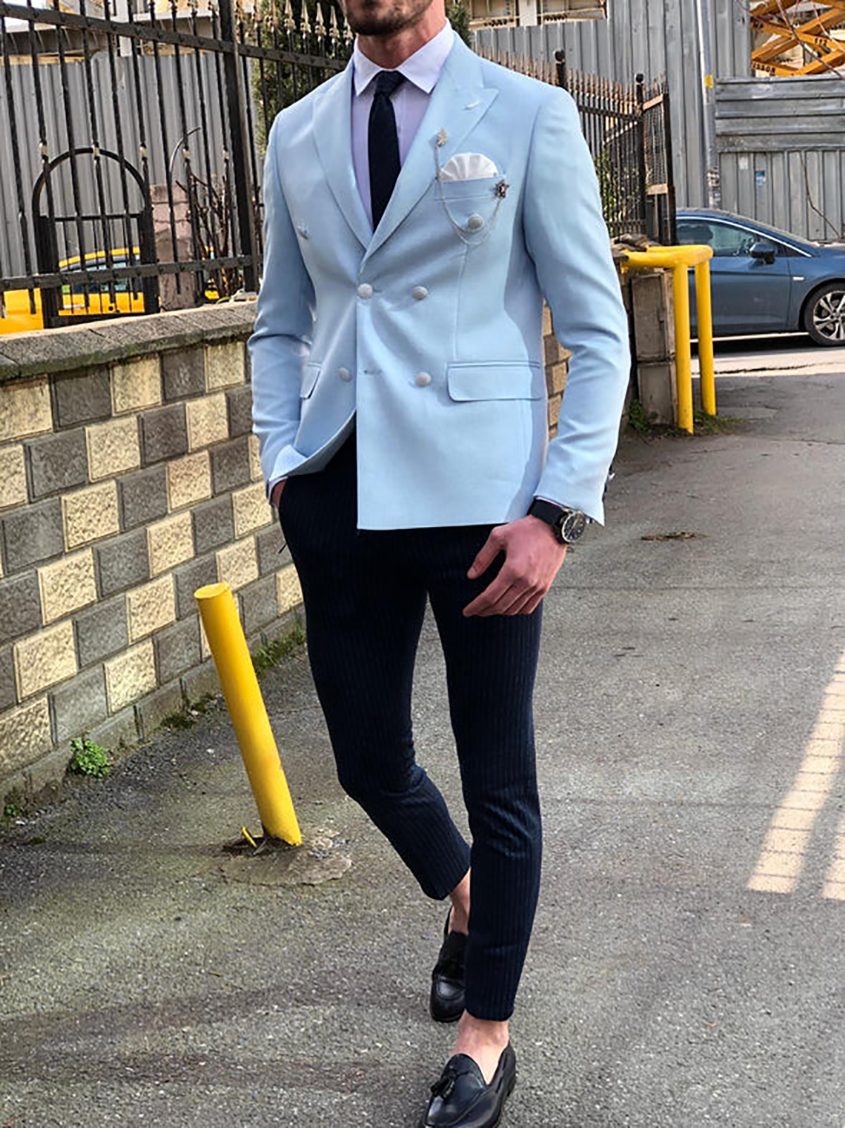 Summer Light Blue Mens Jacket Double Breasted Peaked Lapel Groom Blazer Party Birthday Wear One Piece