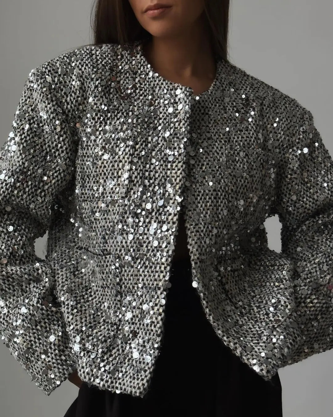 Metal Color Sequin Woven Jacket For Women Loose Stand Collar Long Sleeve Coat Gold Autumn Winter Chic Female Outwear 240110