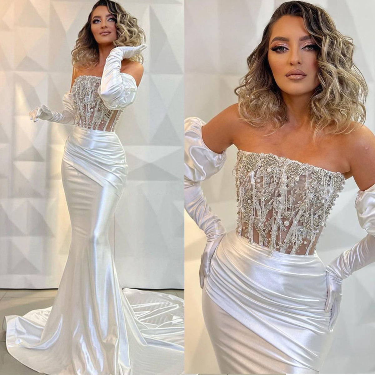Elegant Strapless Pearl Mermaid Wedding Dresses Sequined Satin Bridal Gowns Sleeveless Beaded See Through Sweep Train Robe