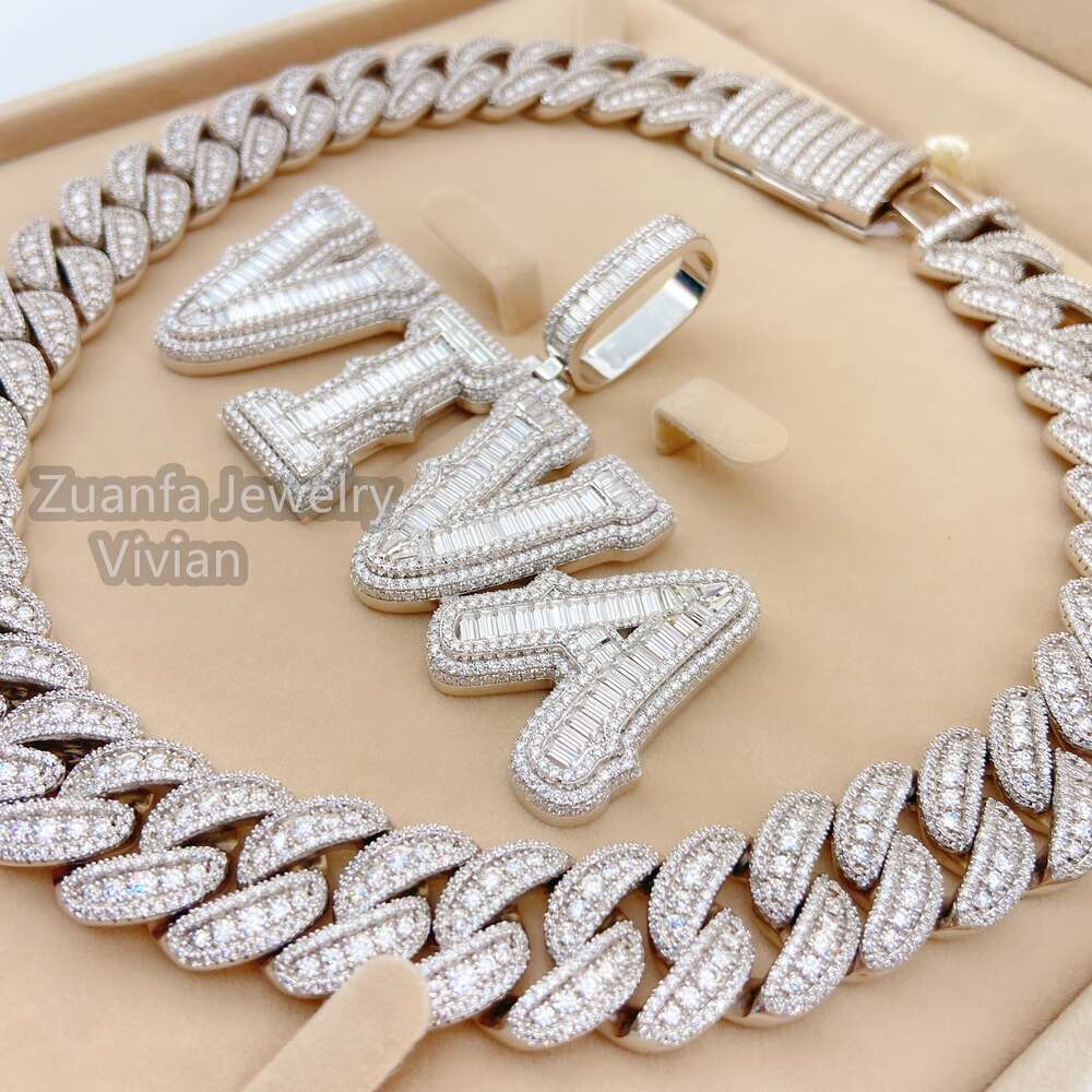 Hip Hop Bling Jewelry Iced Out Moissanite Sterling Silver Cuban Link Chain Custom Name Letter Pendant Necklace