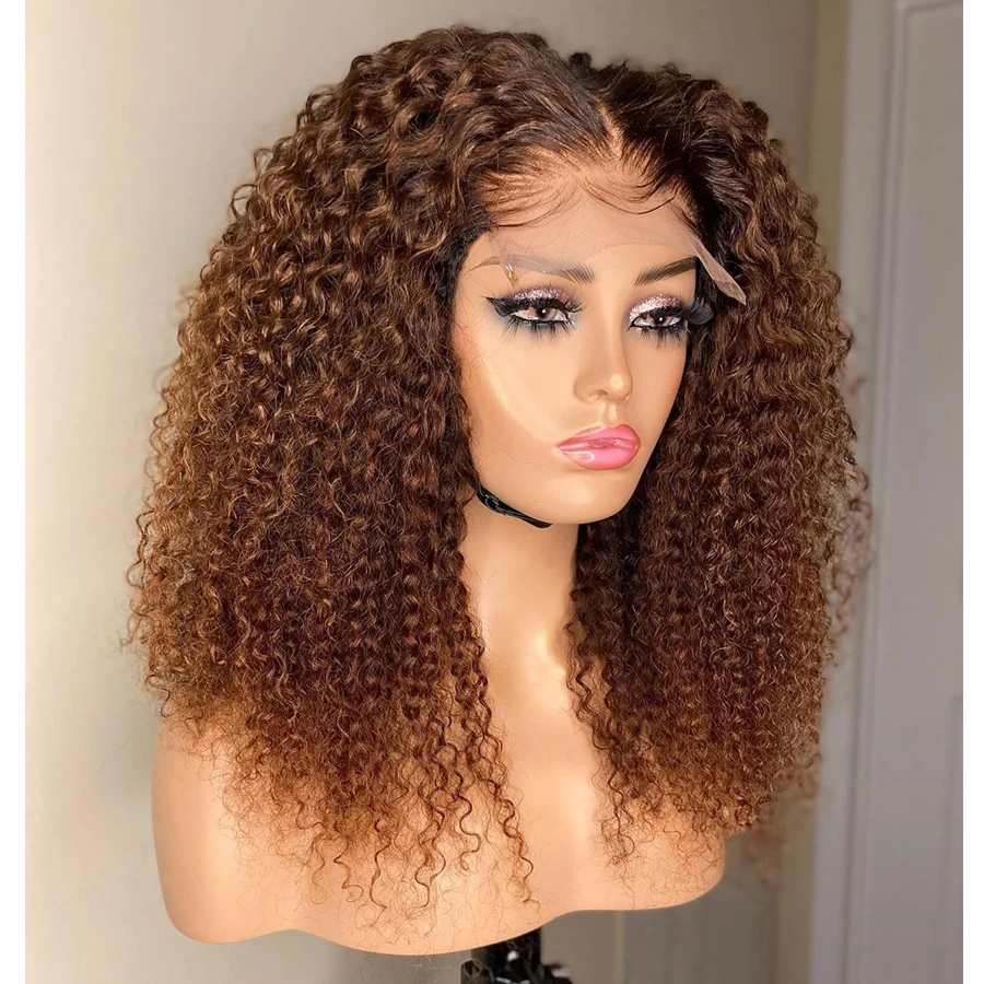 Free shipping 180density Mogolian Chocolate Brown Kinky Curly for Women Front Human Hair Glueless Deep Wave 360 HD Lace Frontal Wigs Synthetic Closure
