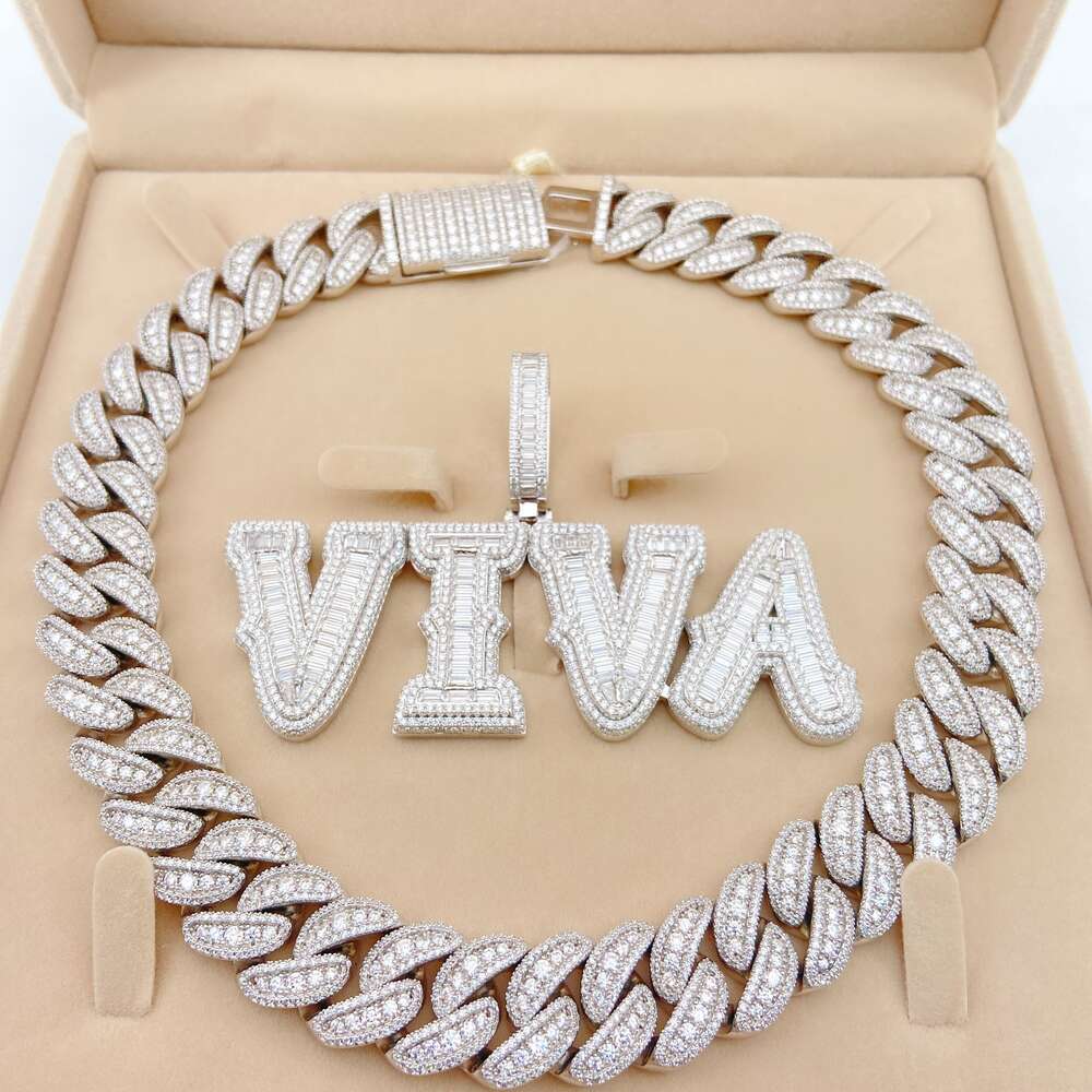 Hip Hop Bling Jewelry Iced Out Moissanite Sterling Silver Cuban Link Chain Custom Name Letter Pendant Necklace