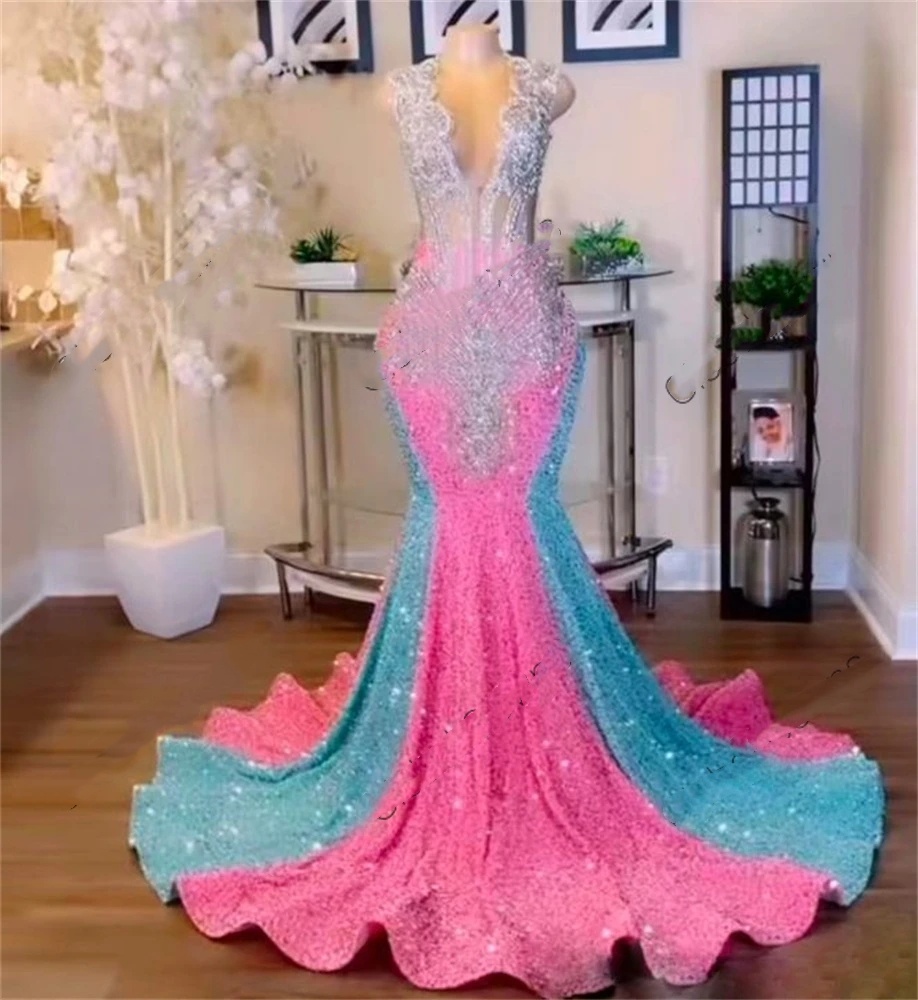 Pink Blue Sequins Long Prom Dress For Black Girls Sheer2024 O Neck Beaded Crystal Birthday Party Gown Green Sequined Evening Dresses Mermaid Es Es