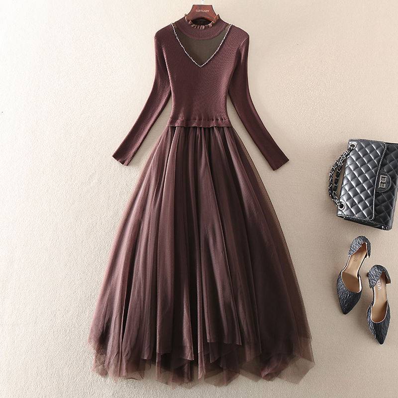 Neploe Elegant Lace Patchwork Mesh Dress Women High Waist Hip A Line Vestidos Winter New Pullover Long Sleeve Robe Femme 210423