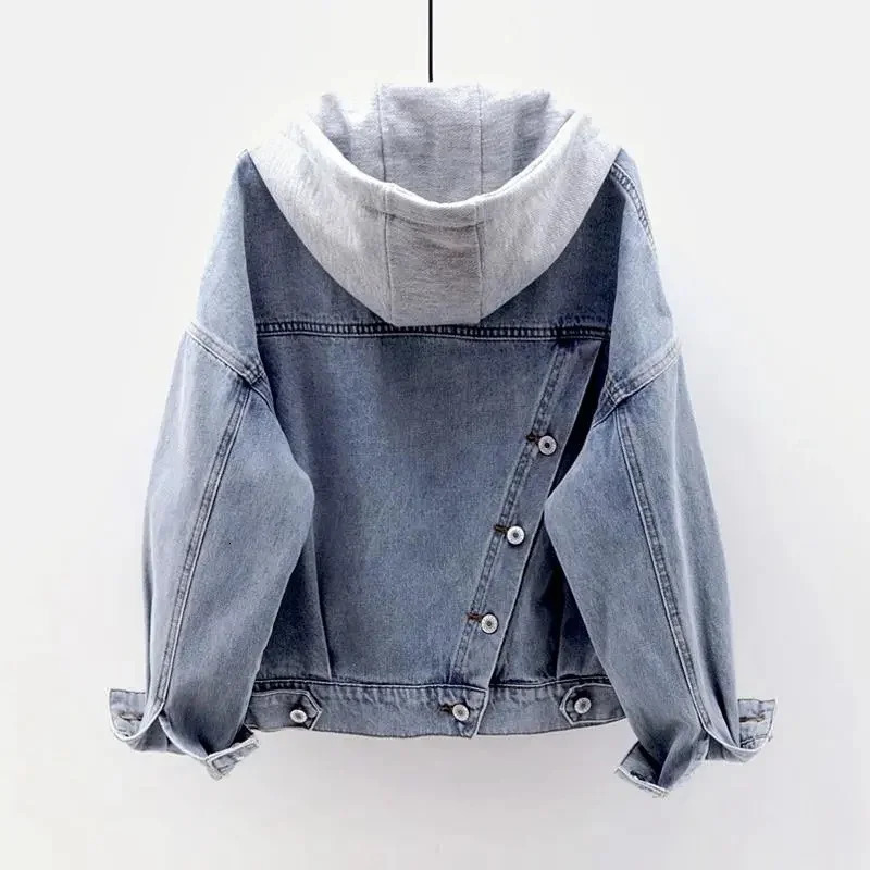 Blue Deconstructable Hooded Turndown Collar Denim Jacket Women Loose Button Patchwork Outwear Jean Coat Female 240109