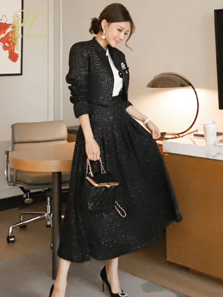 H Han Queen Winter Korean Careers Woman 2 Pieces Set Tweed Short Jacket Vintage A-Line Skirt Korean Simple Skirt Suit 240109