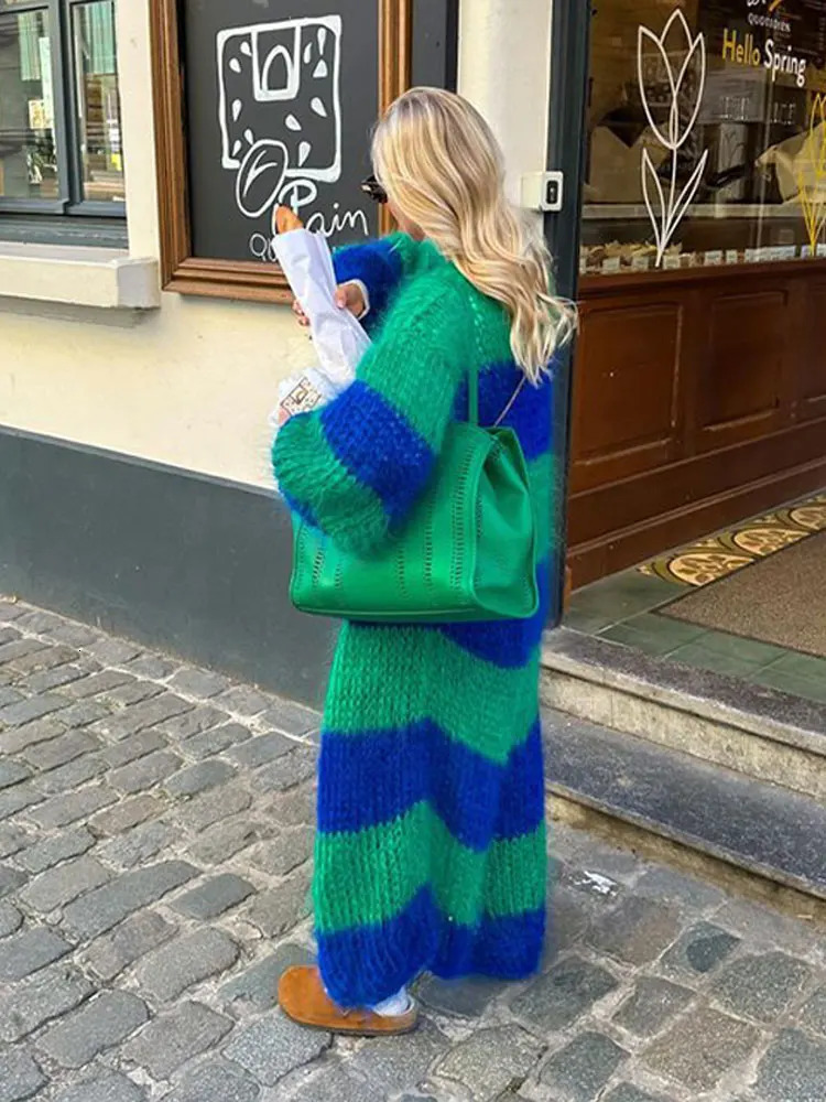 Fashion Stripe Long Cardigan Sweater Women Lantern Long Sleeve Loose Oversize Knitted Coats Autumn Lady Chic Streetwear 240110
