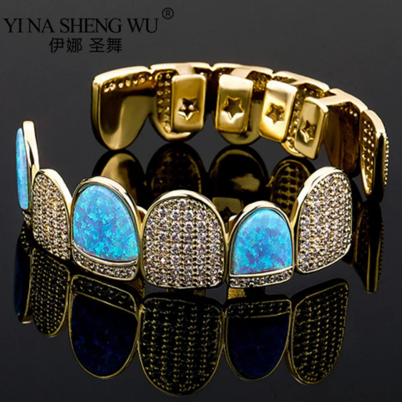 Sky Blue Opal Crystal Teeth For Men Women's Body Jewelry Set Zircon Accessories Hip Hop Dental Grills Piercing Halloween 240109