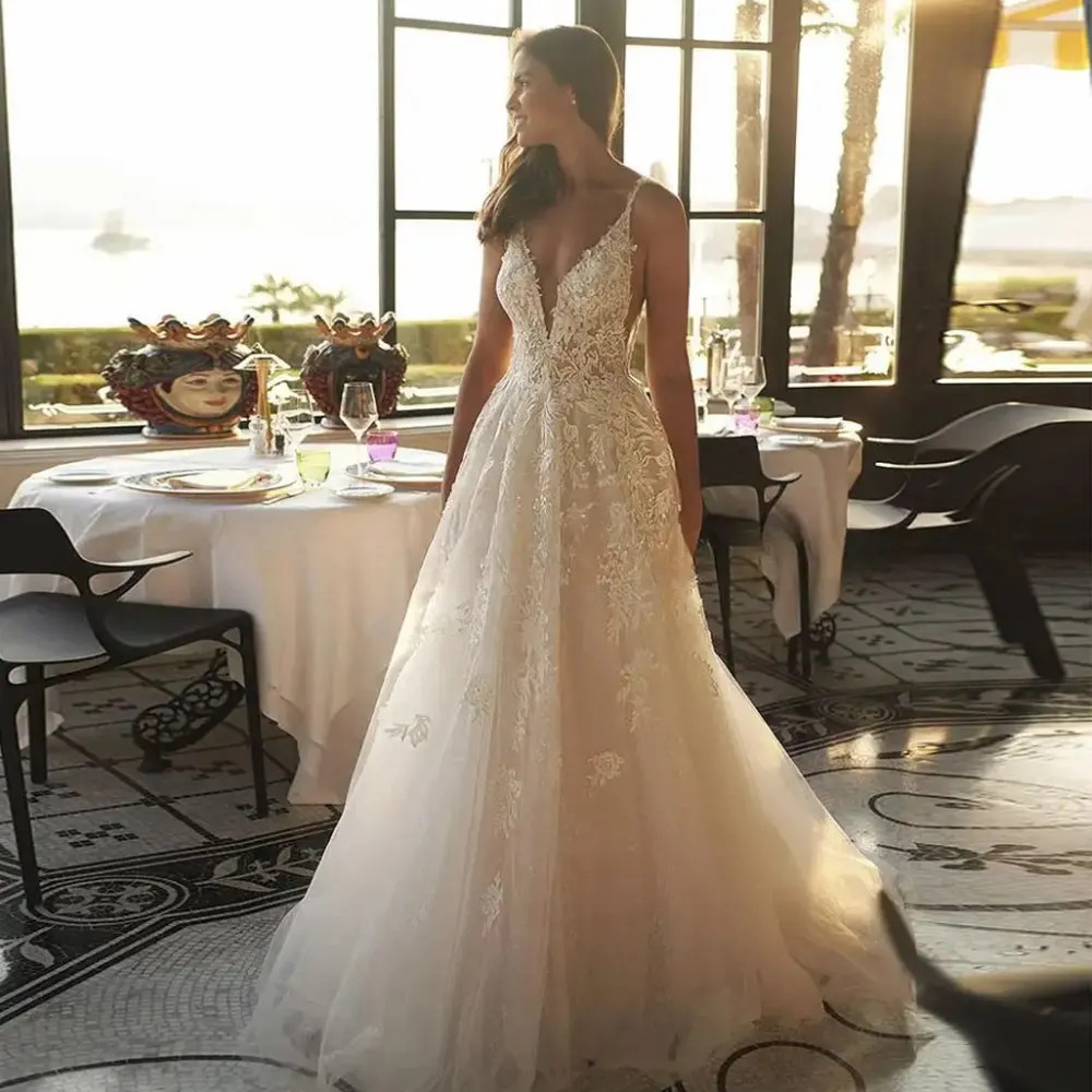 Spaghetti Strap V Neck Wedding Dresses For Women Backless Bridal Gowns A E Embroidered Lace Brides Dress Beach Robe De YD 0219