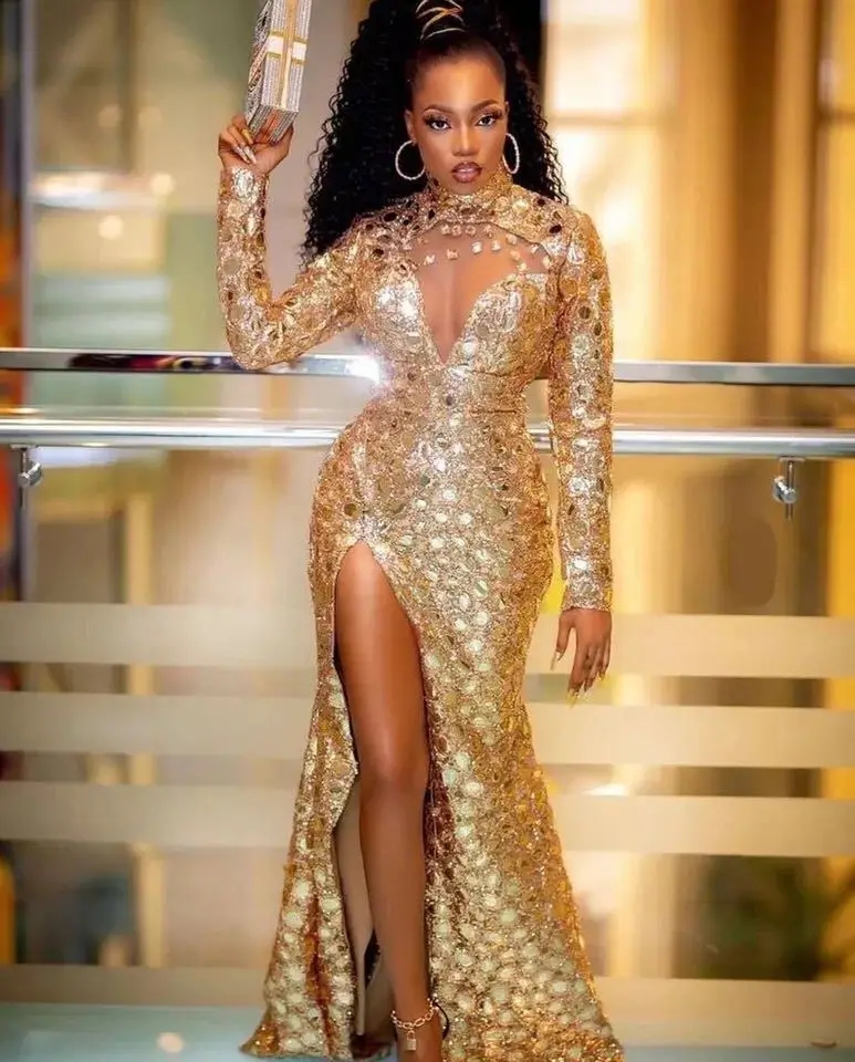 Sexy Gold Mermaid Prom Party Dresses 2024 Long Sleeve High Split Plus Size Special Ocn Gowns For Black Girl 0228Lz