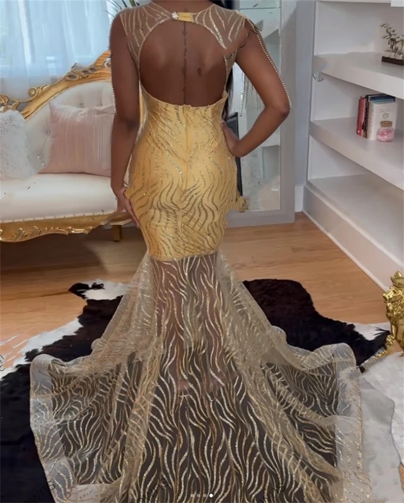 Gold O Neck Long Prom Dress For Black Girls 2024 Beaded Crystal Birthday Party Dresses Evening Gowns Tassel Robe De Bal 0431
