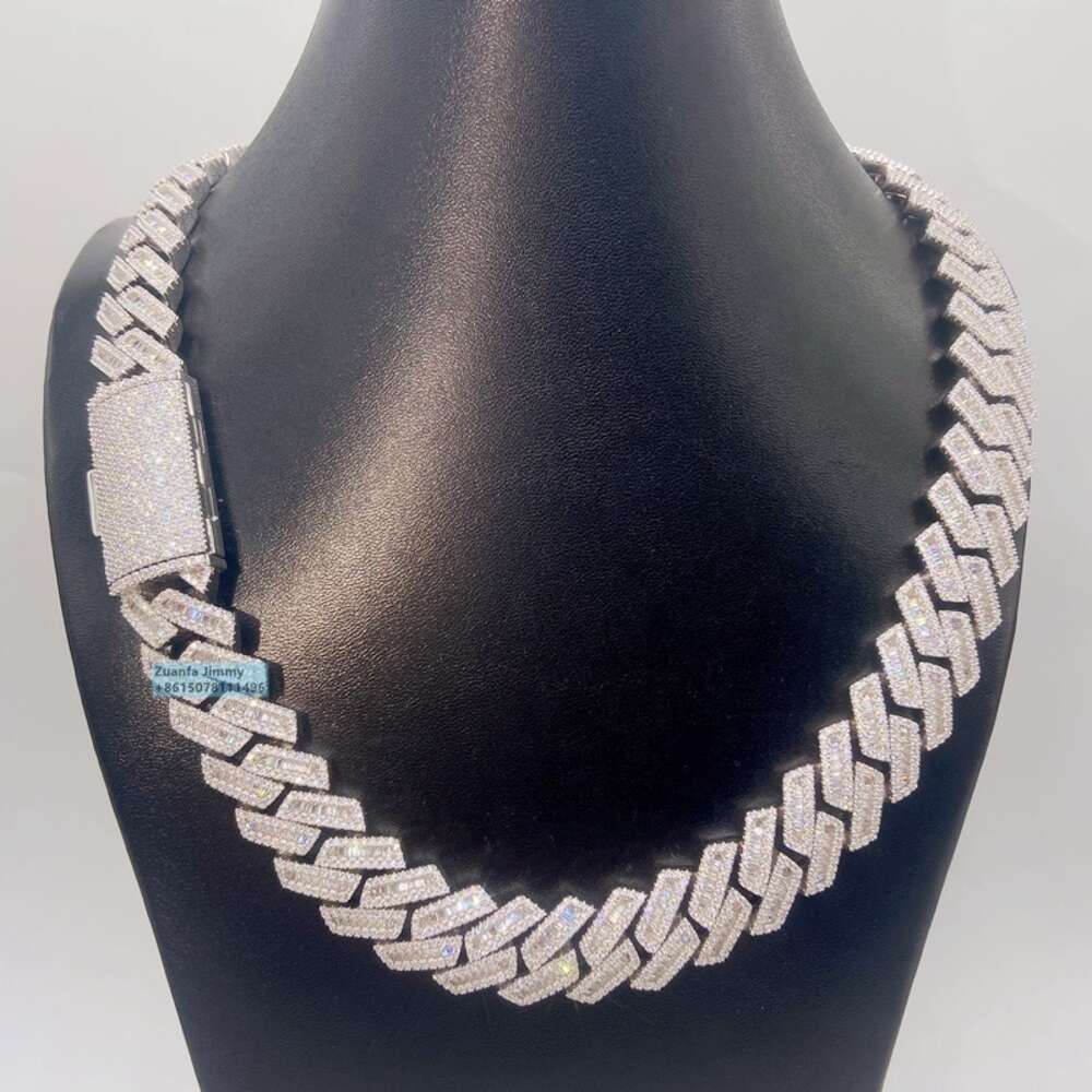 Buss Down 18mm Heavier Big Guy Cuban Jewelry Solid Silver Vvs1 Baguette Moissanite Miami Cuban Chain