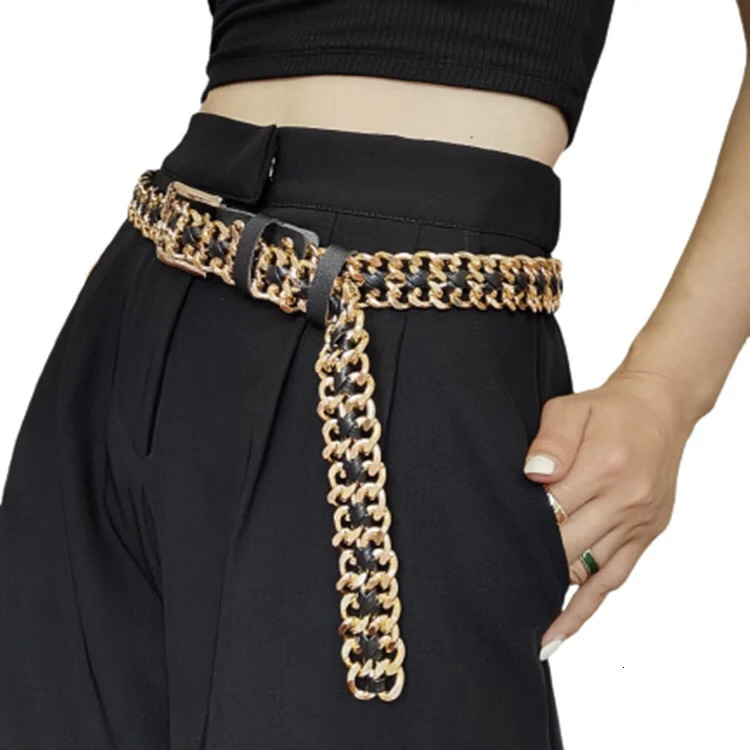 Pu Leather Black Metal Chain Punk Belt for Women with Gold Silver Buckle 240110