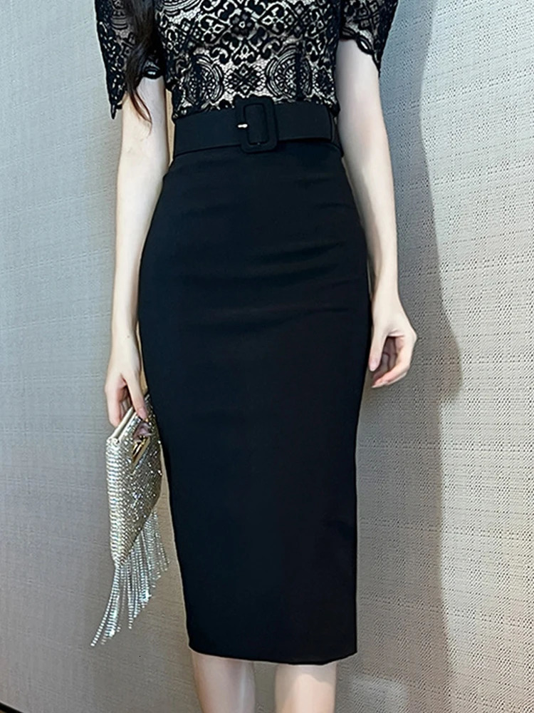 Spring Autumn Formal Women Slim Pencil Skirts Elegant Office Solid Package Hip Belt High Waist Midi Skirt Street Clothes Outfits 240110