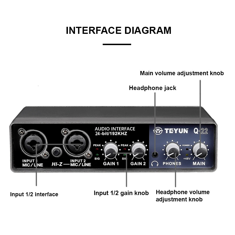 TEYUN Q22 Q16 Audio Interface Professional Portable Sound Card USB Computer Arranger Live For Studio Recording 240110