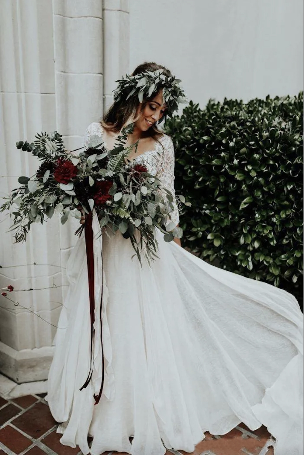 Beautiful Long Sleeve A-Line Two Pieces Beach Country Wedding Gowns Chiffon Ruffles Lace Top Boho Custom Made Bohemian Bridal Gown 0431