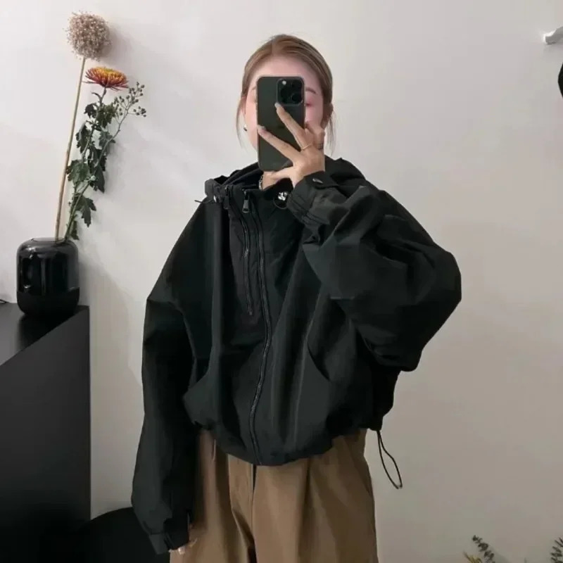 Deeptown Korean Style Windbreaker Crop Jacket Women Kpop Hooded Zipup Vintage Streetwear Short Jackets Chic Autumn Outwear 240110