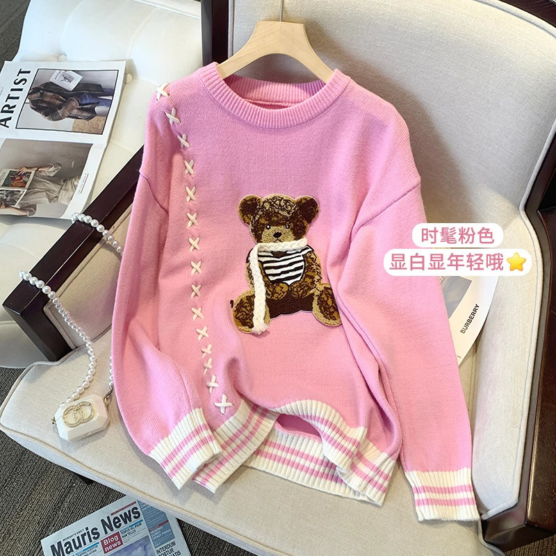 Cute teddy bear embroidered knit restores the ancient style of autumn winter and winter in 2023 making it a casual round shirt sweater 240110 - view 4