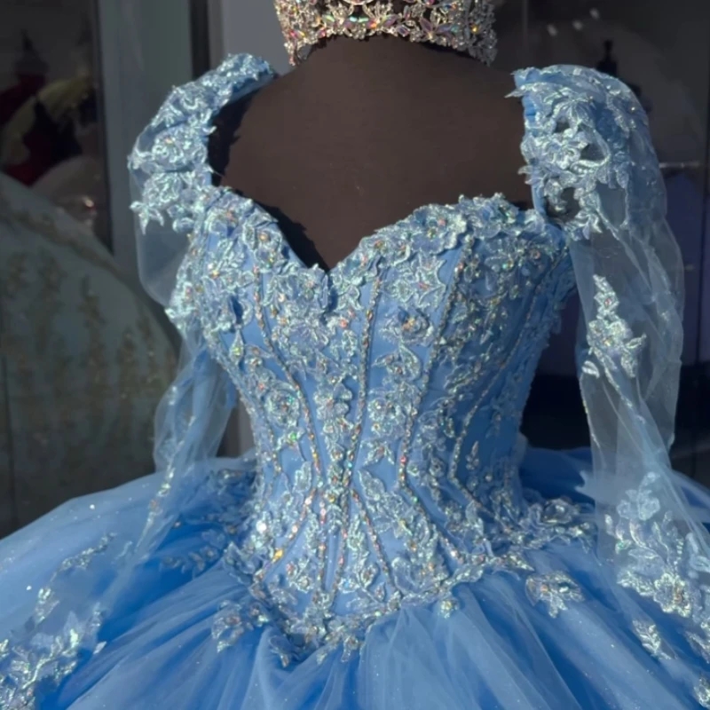 Mexican Sky Blue Off The Shoulder Ball Gown Quinceanera Beaded Lace Appliques Long Sleeved Birthday Gowns Sweet 16 Dress 0431