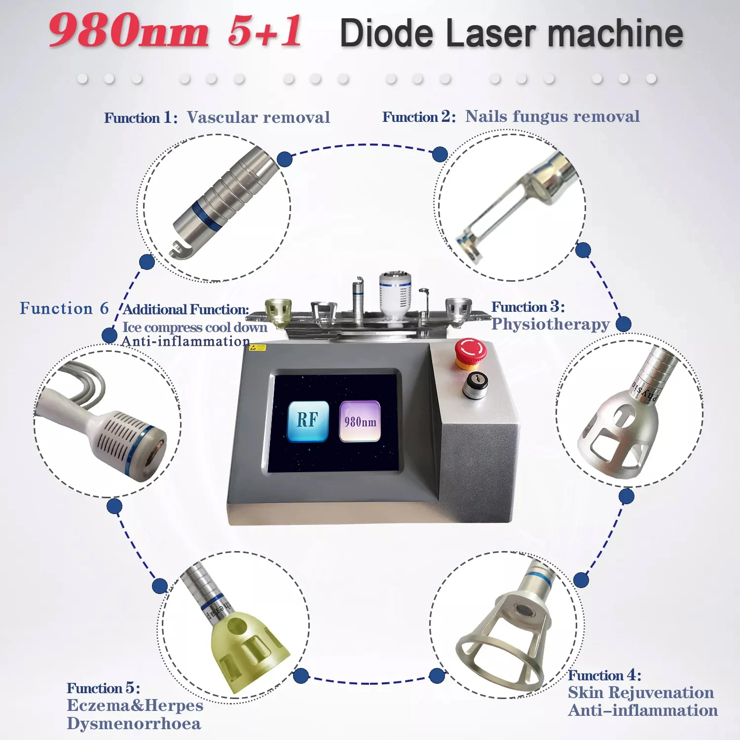 6 Handles Diode Laser 980Nm Varicose Treatment Spider Vein Remove Eczema Herpes Therapy Cold Hammer Anti-Inflammation Physio Therapy Device