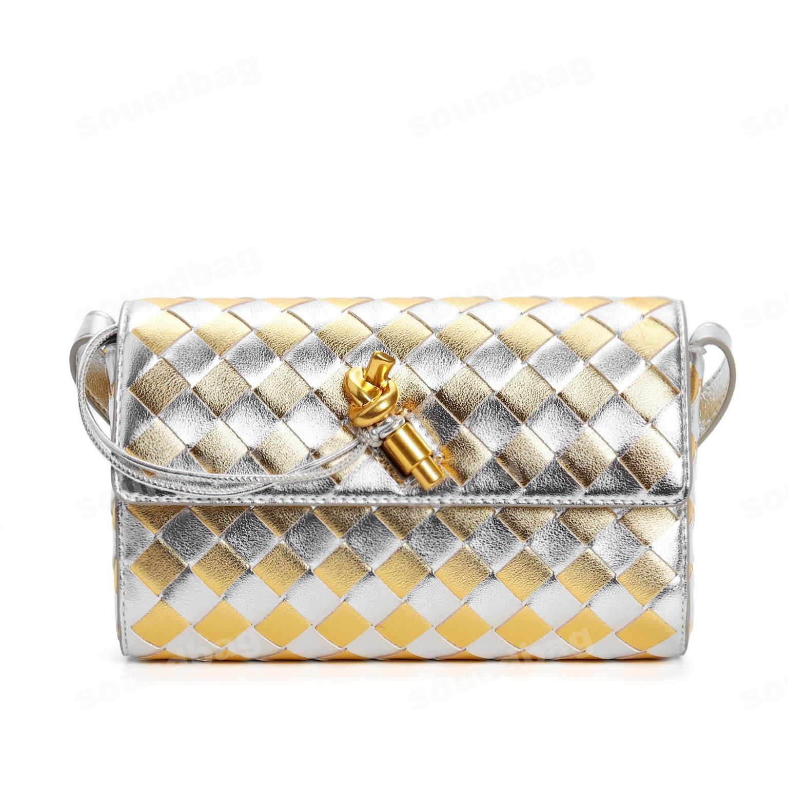 Evening Woven Clutch: Hancrafte, Metal Clasp Front Flap Lock ,Chic Gri with Golen Harware - Elegant Small Square Shouler & Crossboy Women Leather Bag