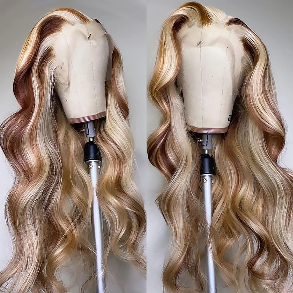180density Highlight Ash Blonde Root Lace Front Human Hair Wig 40inches Water Wave Lace Front Wig HD Invisible Full Lace Synthetic Wig for Women