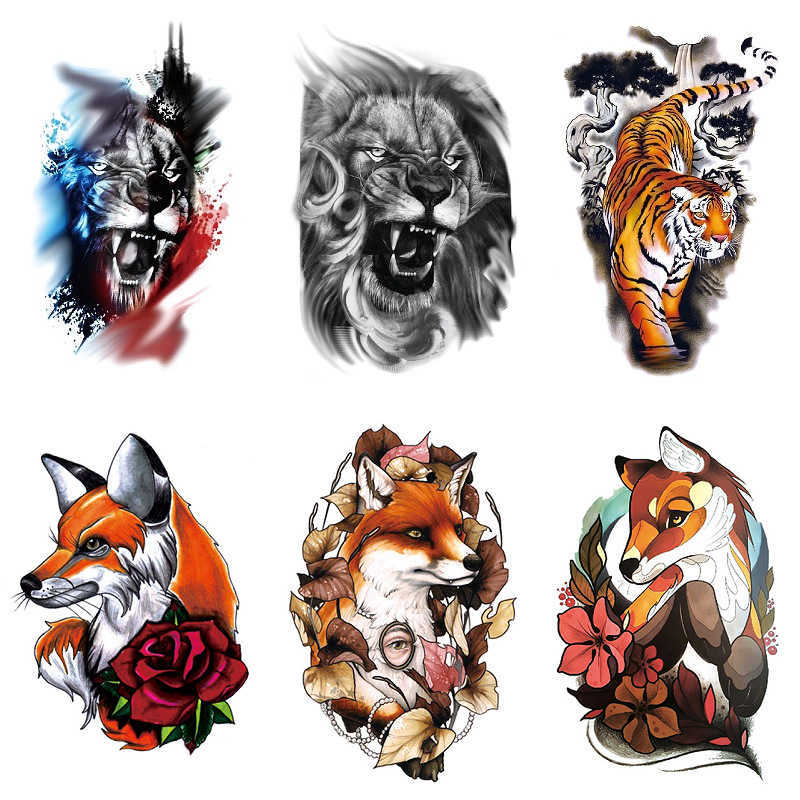 Fox Tattoo Sticker, Lion Tiger Colored Flower Arm, Water Transfer Printing, Waterproof Simulated Sticker