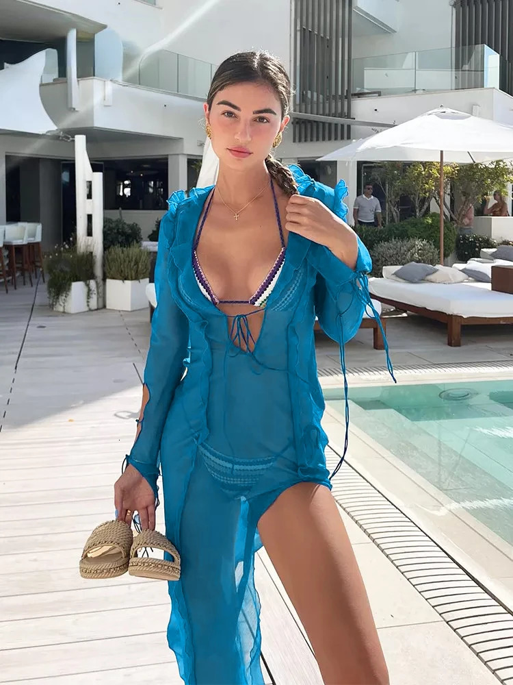 Summer Beach Dres Elegant Bandage Ruffles Slim Maxi Dress Sexy Blue Long Sleeve Evening Party Club Outfits 240111