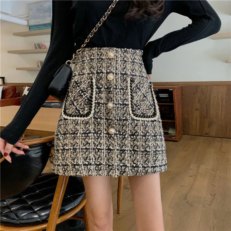 Rimocy Fall Winter Plaid Wool Skirt Women Pearl Button Woolen Tweed Mini Ladies Thicken High Waist Short Skirts Woman 240110