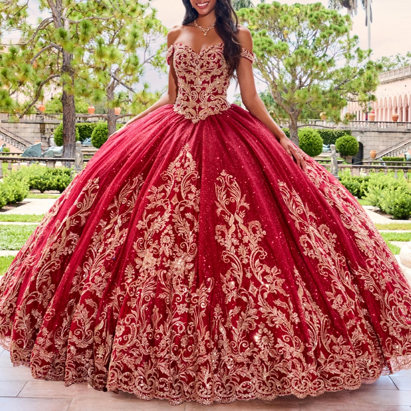 Red Off the Shoulder Quinceanera Dresses Golden Appliques Lace Beading Ball Gown Sparkly Crystatls Vestidos De 15 Anos Sweet 16 Dress