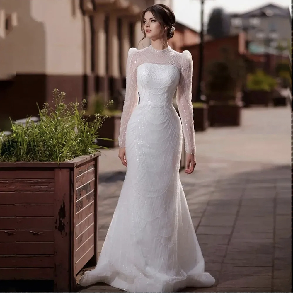 2024 Elegant Muslim Wedding Dress for Women Long Sleeves Mermaid with Detachable Train High Neck Pearls Beads Bridal Gowns Customed Vestidos De Noiva 