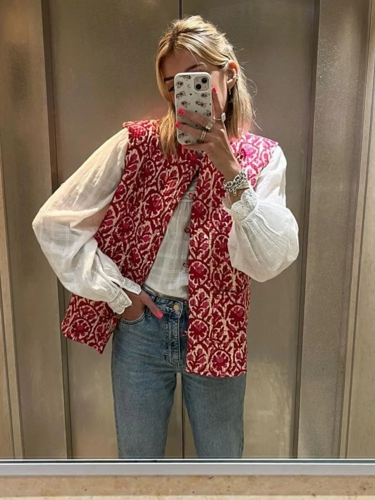 Women Printed Embroidery Reversible Vest Jacket Vintage National Style Casual Patchwork Vests 2023 Elegant Streetwear Waistcoat 240130