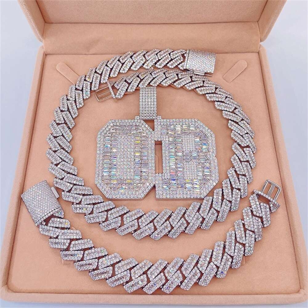 Custom Moissanite Chain 18mm Baguette Diamonds Iced Out Hip Hop Sterling Silver Custom Moissanite Cuban Bracelet