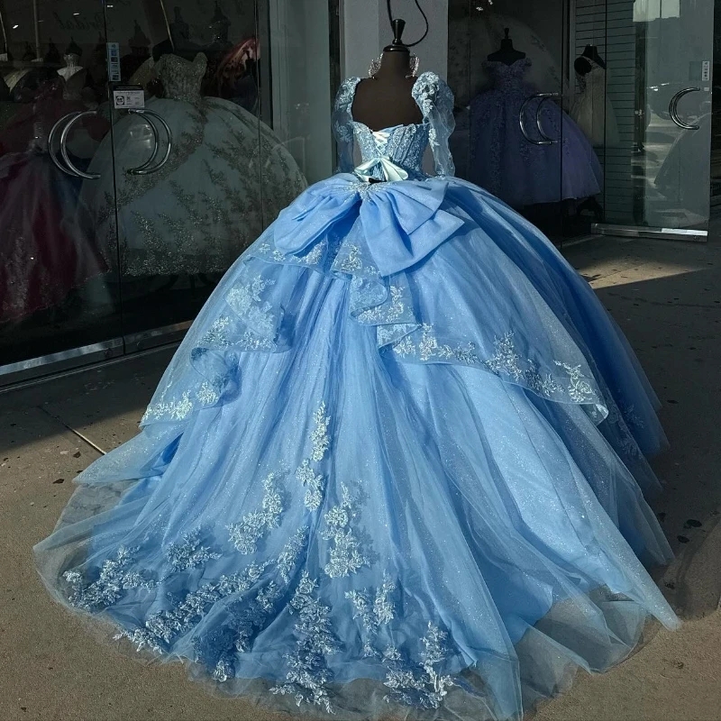 Mexican Sky Blue Off The Shoulder Ball Gown Quinceanera Beaded Lace Appliques Long Sleeved Birthday Gowns Sweet 16 Dress 0431