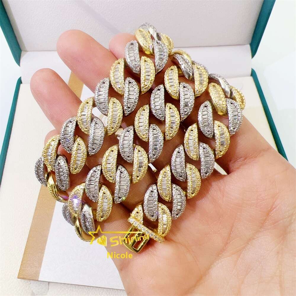Custom Iced Out Jewelry 15mm Width 2 Tones Gold Plated S925 Gra Moissanite Miami Cuban Link Chain