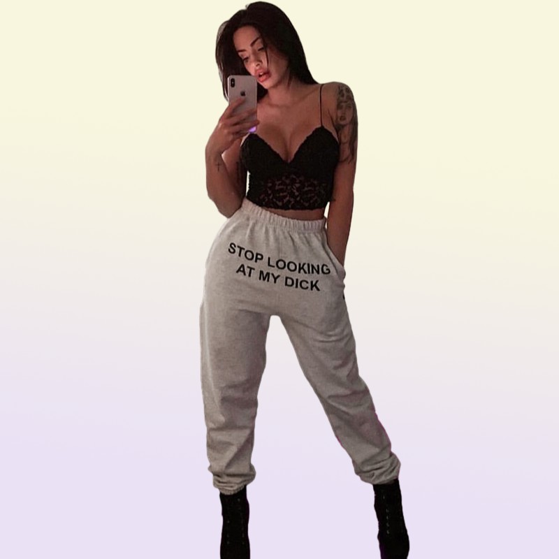 Summer Joggers Women Pants Letter Stop Looking At My Dick Sweatpants Hip Hop Black High Waist Jogging Pants Trousers Women