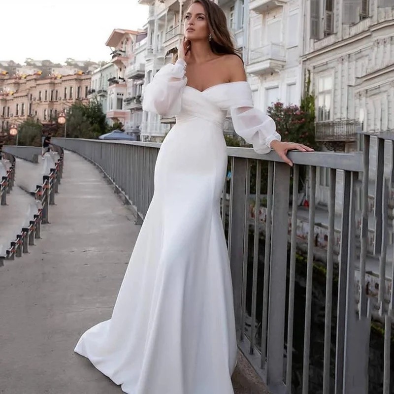 Modern New Satin Wedding Dress Off Shoulder Bride Mermaid Long Bubble Sleeves Top Organza Simple Bridal Gowns Vestidos De Novia