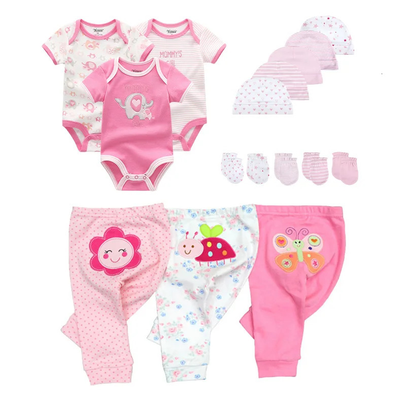 Cotton Solid born Baby Sets Unisex BodysuitsPantsHatsGloves Girl Boy Clothes Short Sleeve Roupas de bebe 240110